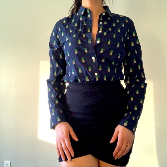 Tops - J.Crew Button-Up Dress Blouse - Blue with  Pineapples, Size Small